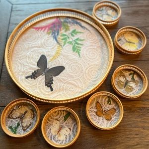 Vintage 7-Pc Bamboo Wicker Serving Tray 6 Coasters Butterfly Boho 70s